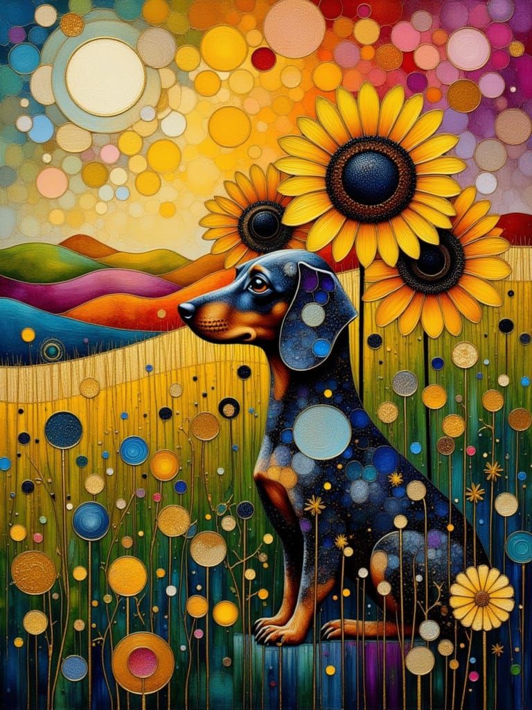 Dachshund in Sunflower Field: Klimt-Style Acrylic Painting