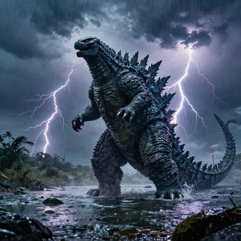 Colossal Kaiju By Raging River Under Stormy Night Sky
