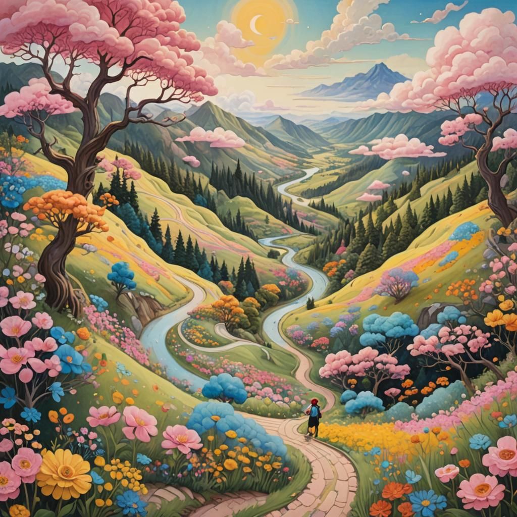 Whimsical Traveler Descends to Vibrant Valley