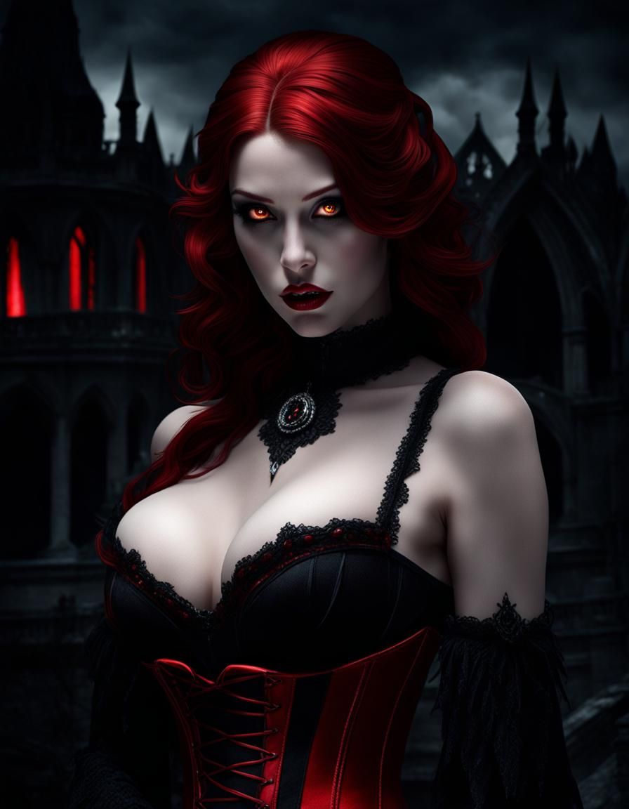 Redhead Vampire in Lace Corset: Dark Fantasy Portrait