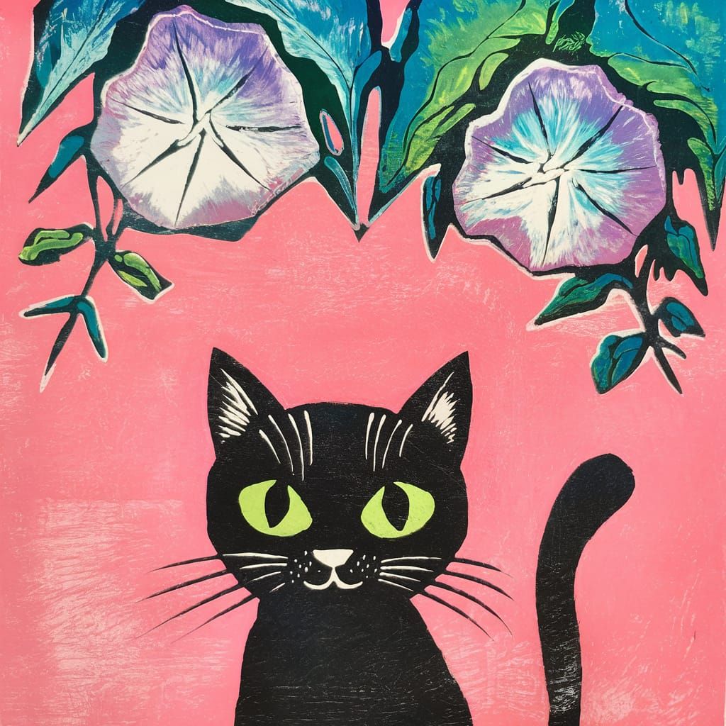 Minimalist Kawaii Cat print with Morning Glories