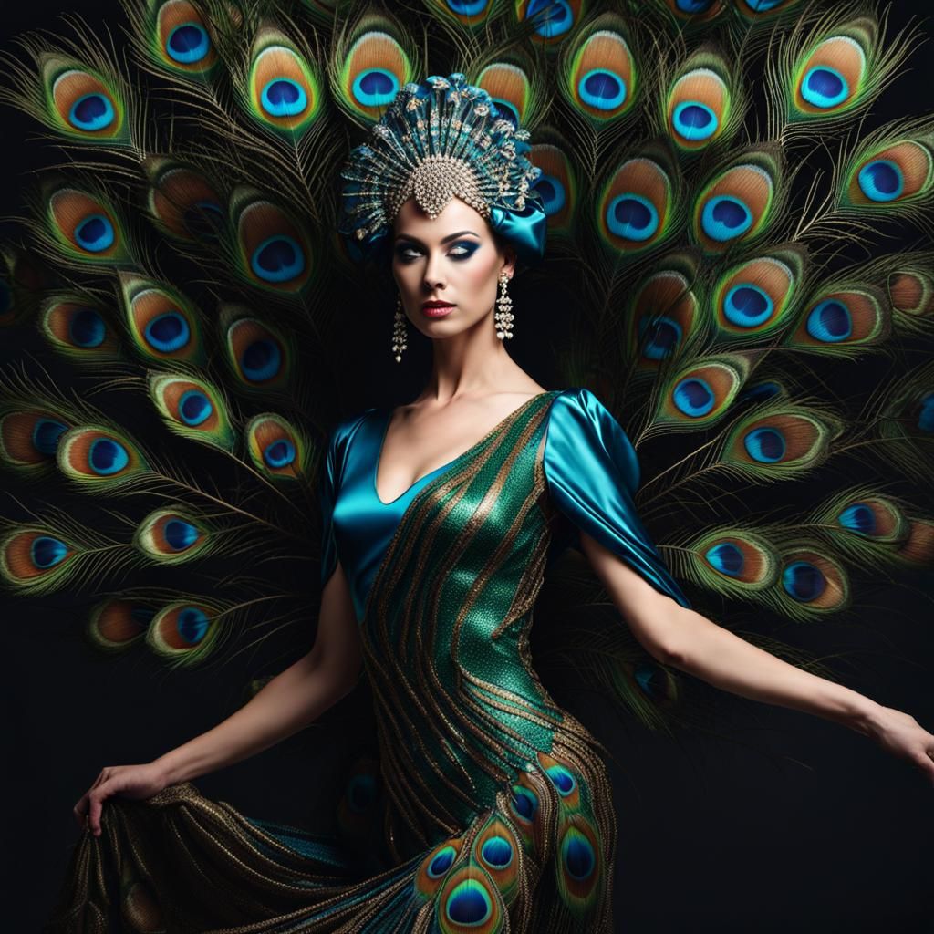 Woman in Peacock Dress Dancing: Hyper-Realistic Art