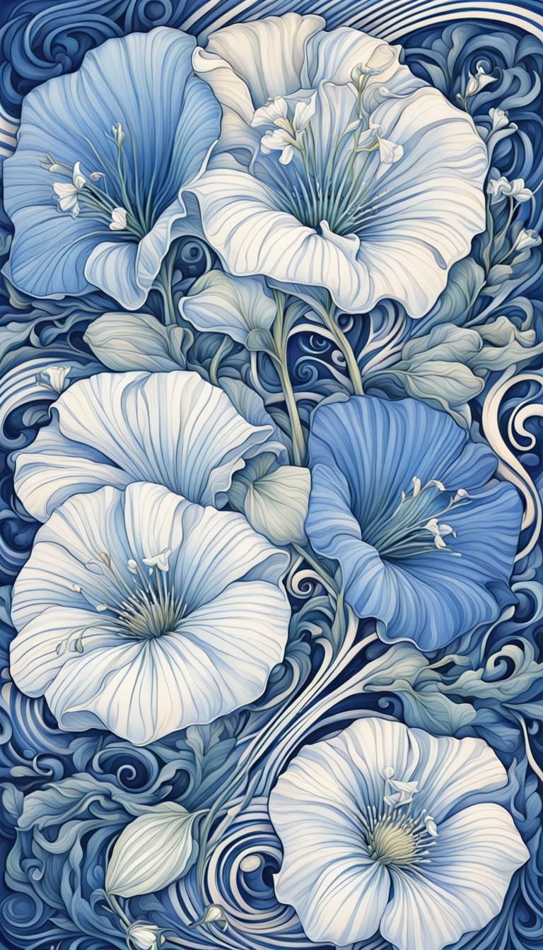 Blue Striped Flowers in Art Nouveau Style