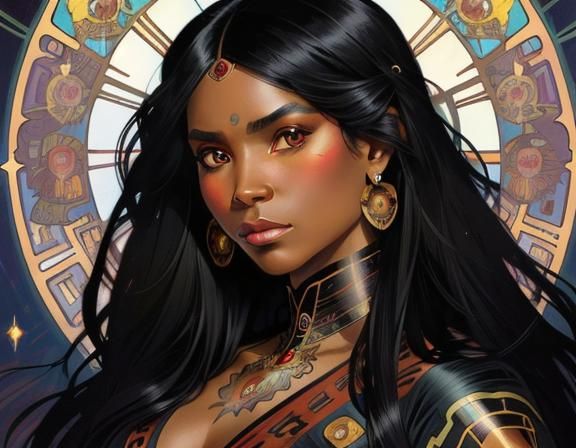 Stunning Black Woman in Red Corset: Art Nouveau Illustration