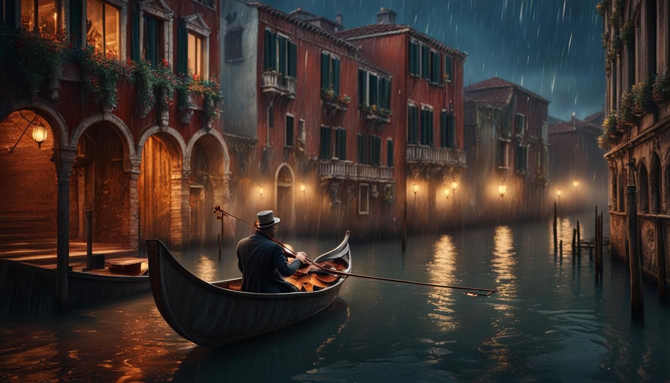 Venice Violinist in Rainy Night, Detailed Matte Painting