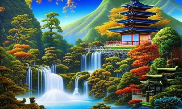 Fantasy Landscape with Japanese Temple and Waterfall