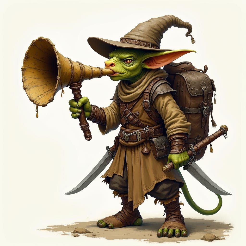 Goblin Monk Blows Horn in Fantastical Landscape