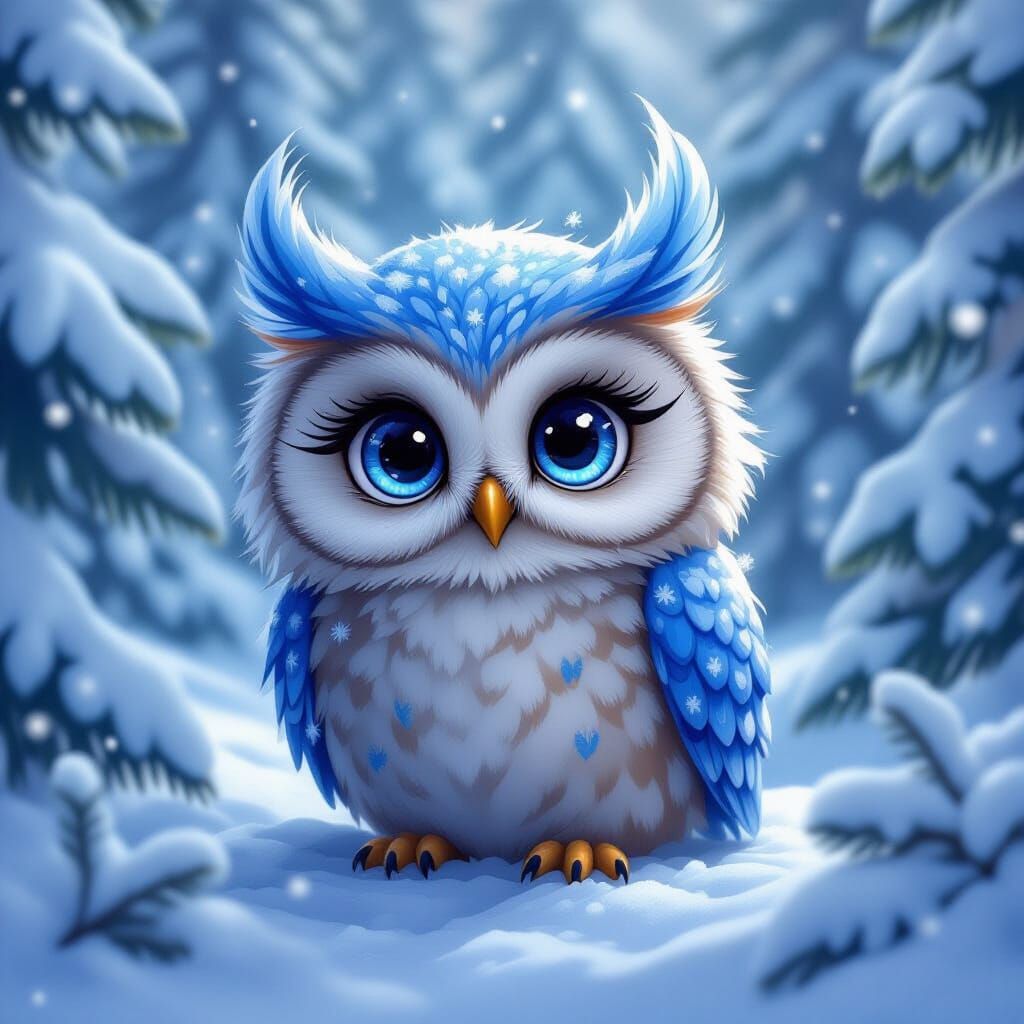 Cute Owl in Snowy Forest, Fantasy Concept Art