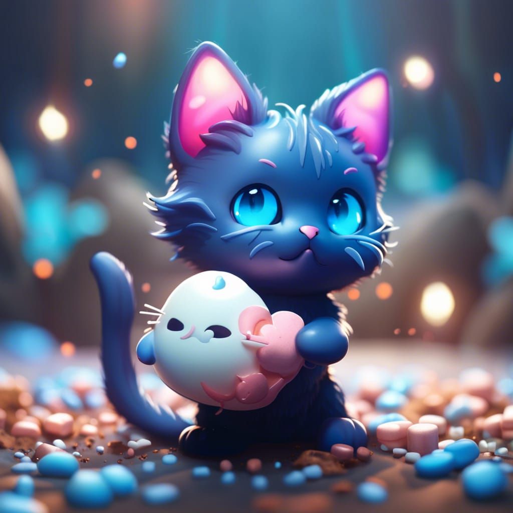Cute Kawaii Cat with Marshmallow, Detailed Matte Painting