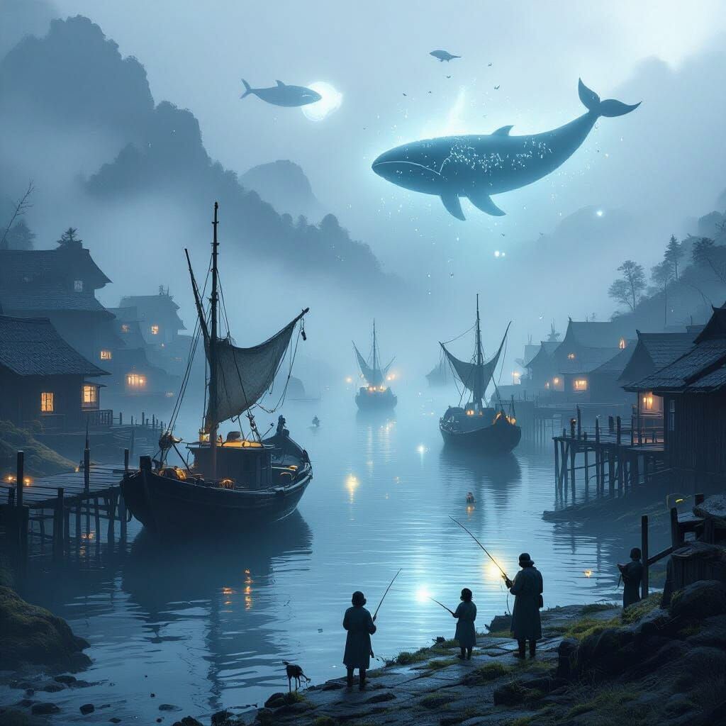 Magical Fishing Village at Dawn with Glowing Sea Creatures