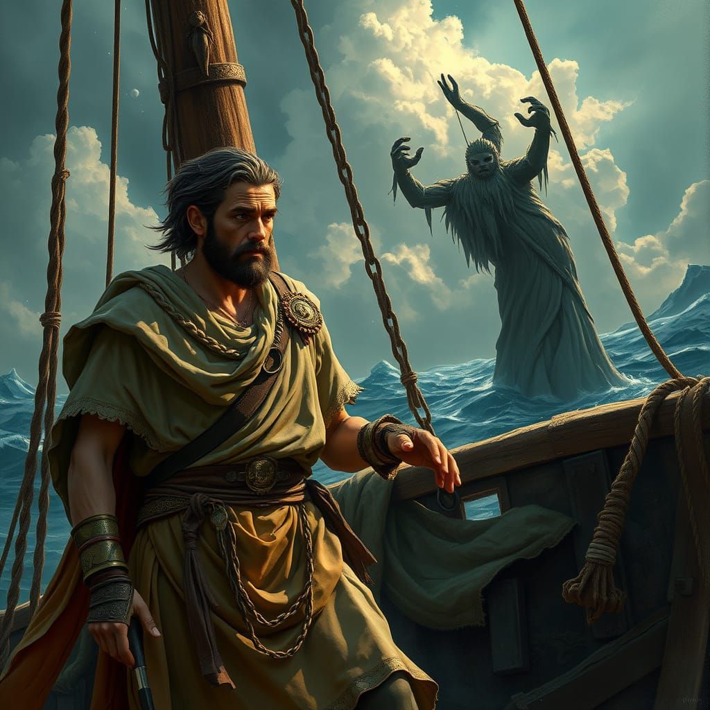 Ancient Greek Explorer Bound to Shipmast in Epic Style