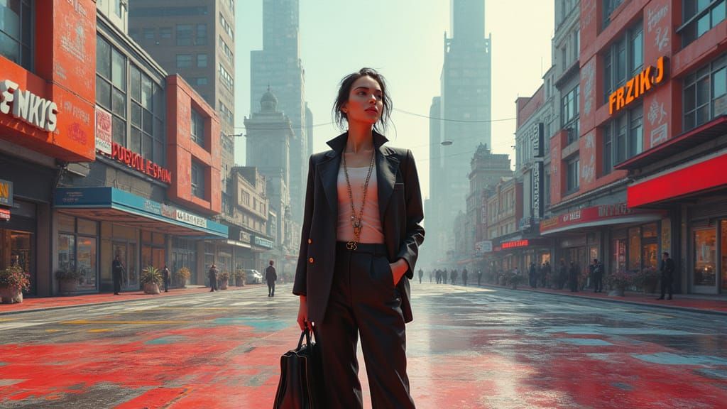 Elegant Woman in Futuristic Cityscape Street Art