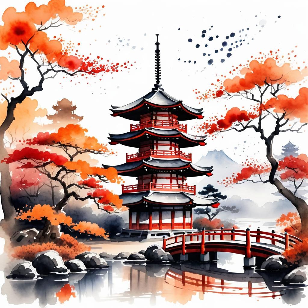 Autumn Pagoda: Watercolor in Chinese Ink Style