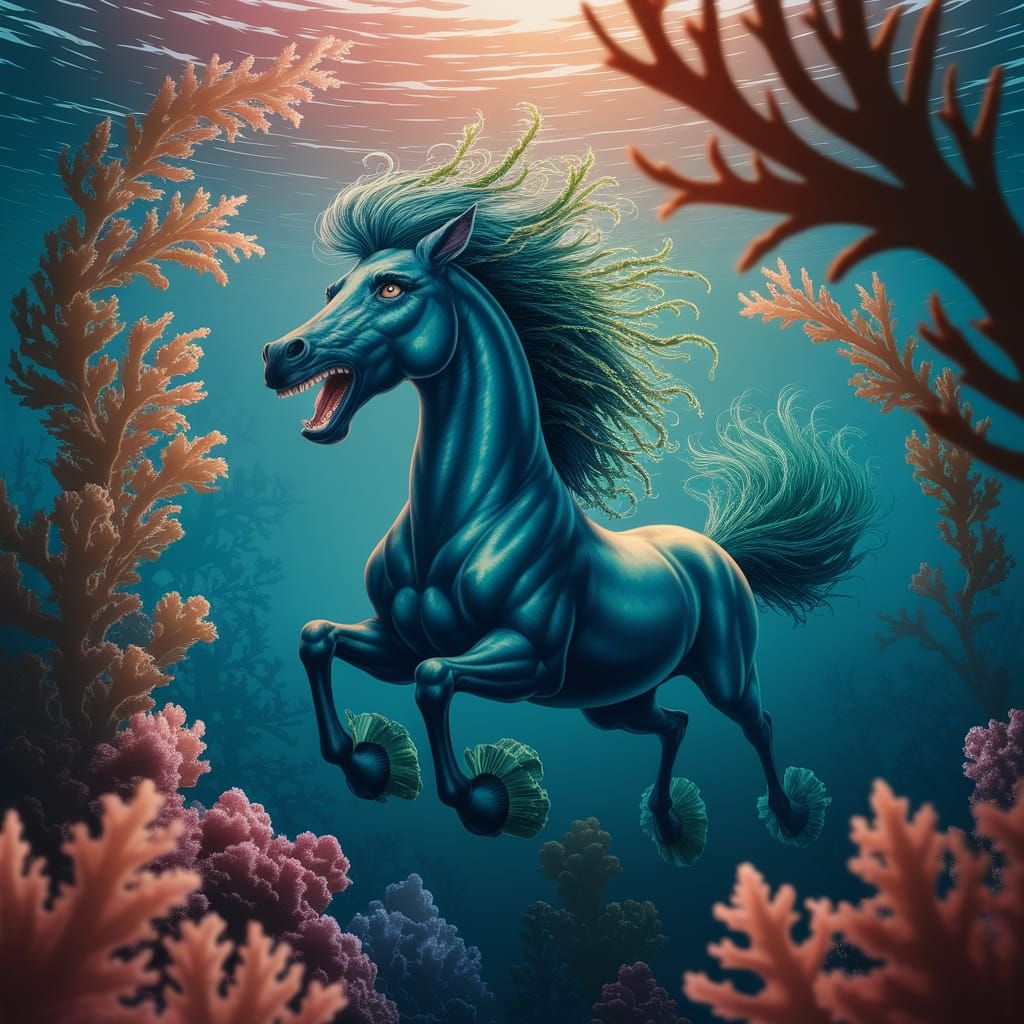 Anime Kelpie Swimming Through Kelp Forest