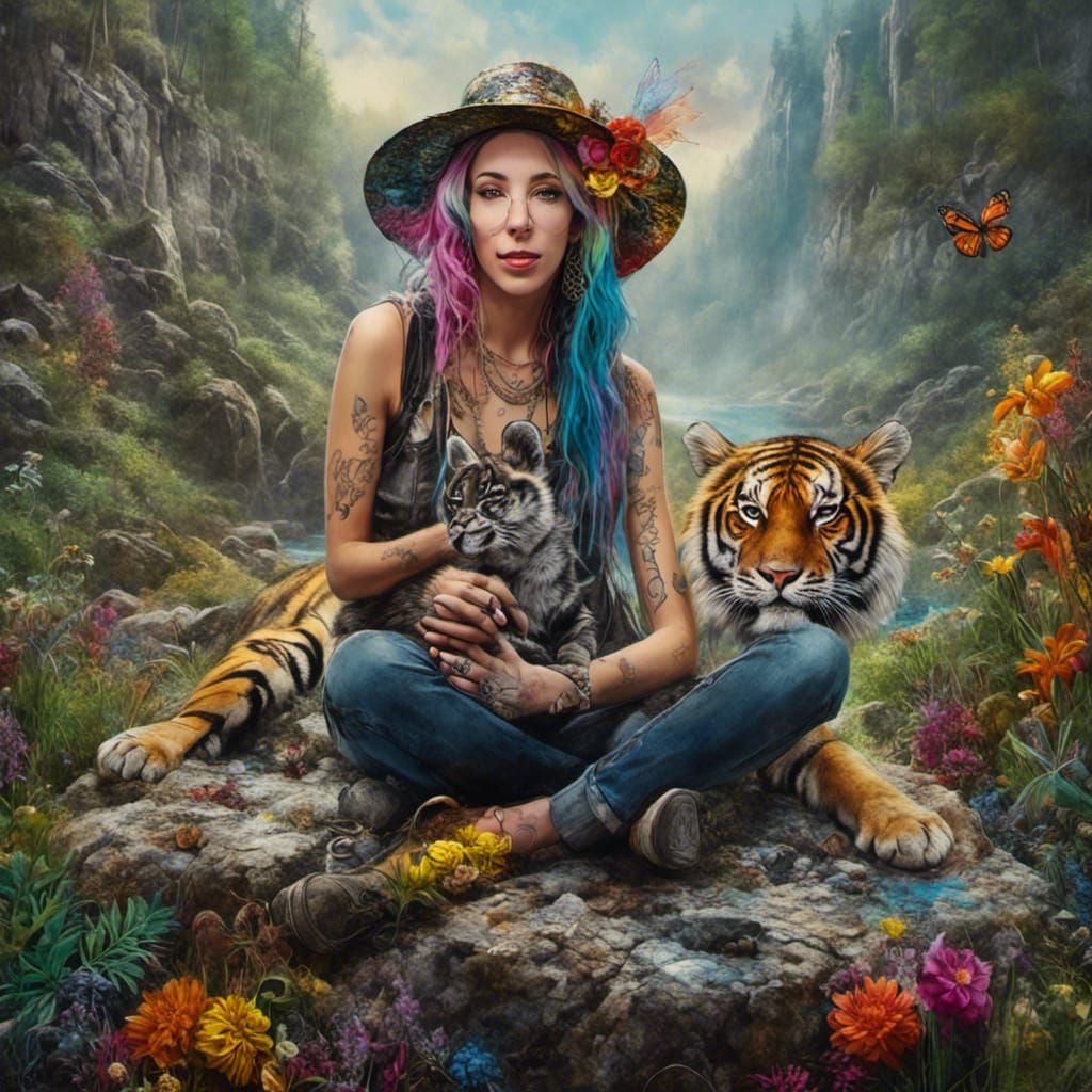 Hyperrealistic Person with Tiger Ears in Nature
