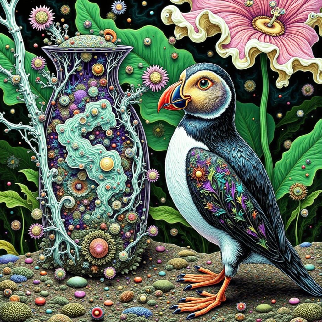 Psychedelic Puffin Painting Blindfolded at Easel