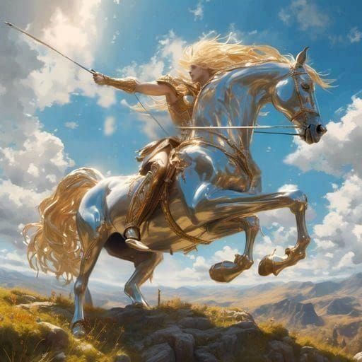 Silver and gold horse and warrior rider