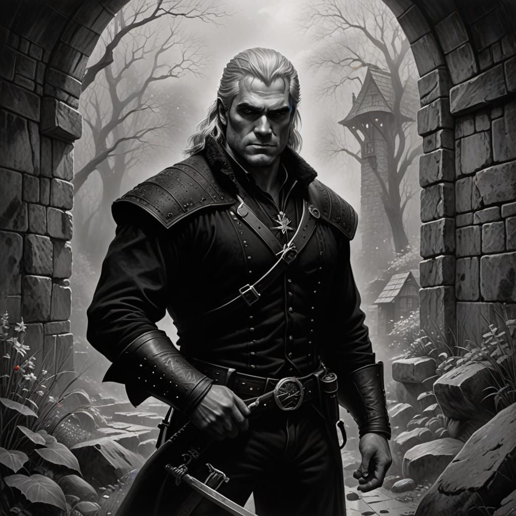 Surreal Fantasy Portrait of Geralt of Rivia in Black Leather