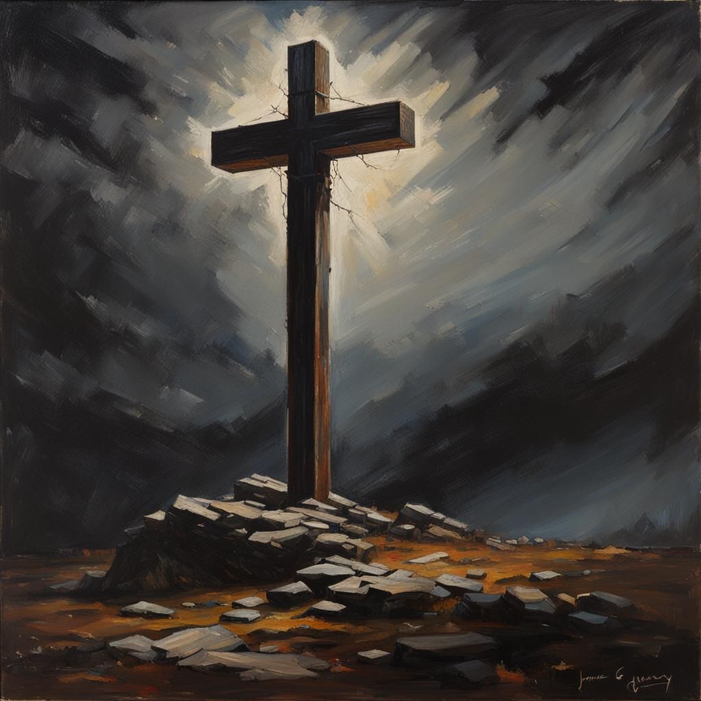 Wooden Cross in Black Void as Oil Painting