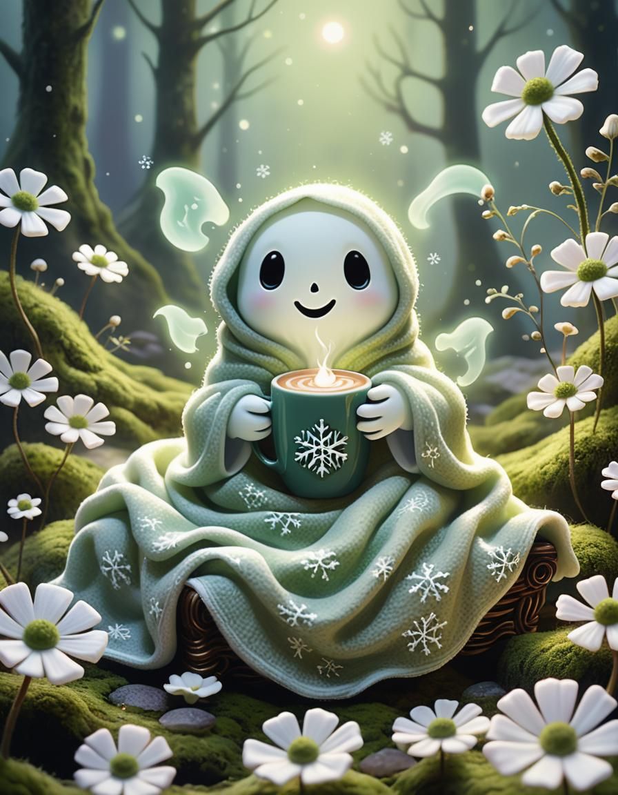 Dreamlike Pastel Illustration: Ghost with Cocoa