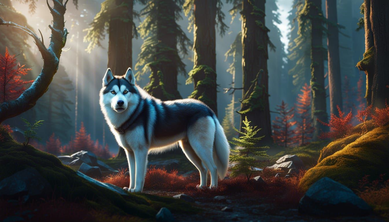 Siberian Husky in Forest: Detailed Matte Painting