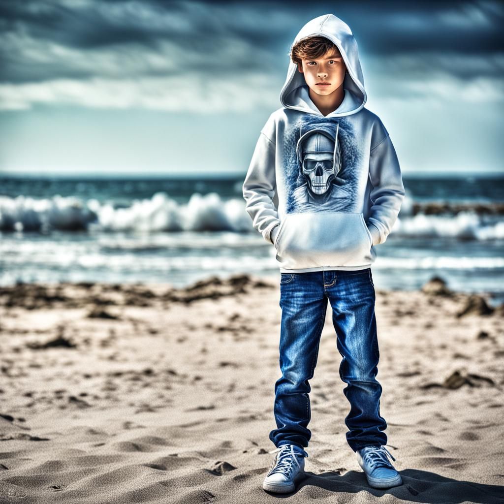 Hyperrealistic Beach Portrait of Boy in Wolf Grey Jordans