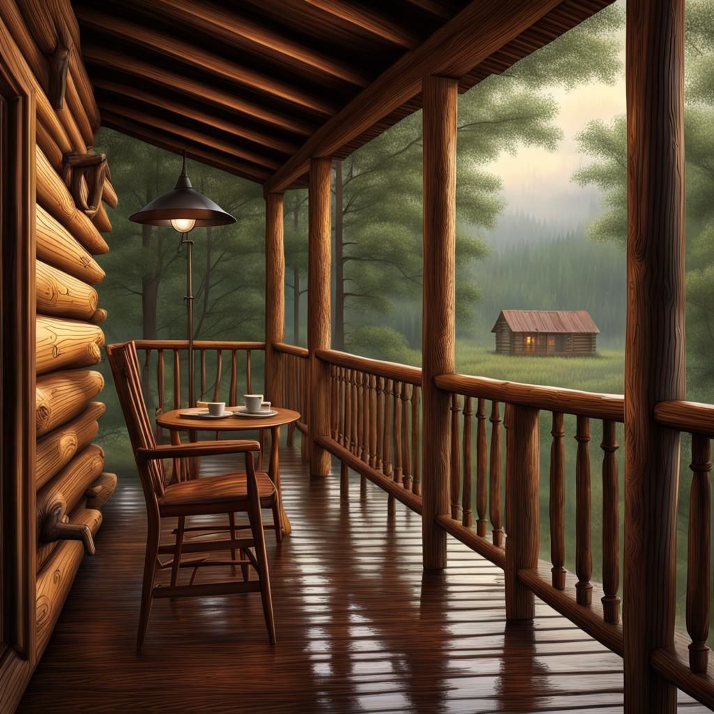 Rainy Morning View from Log Cabin Porch
