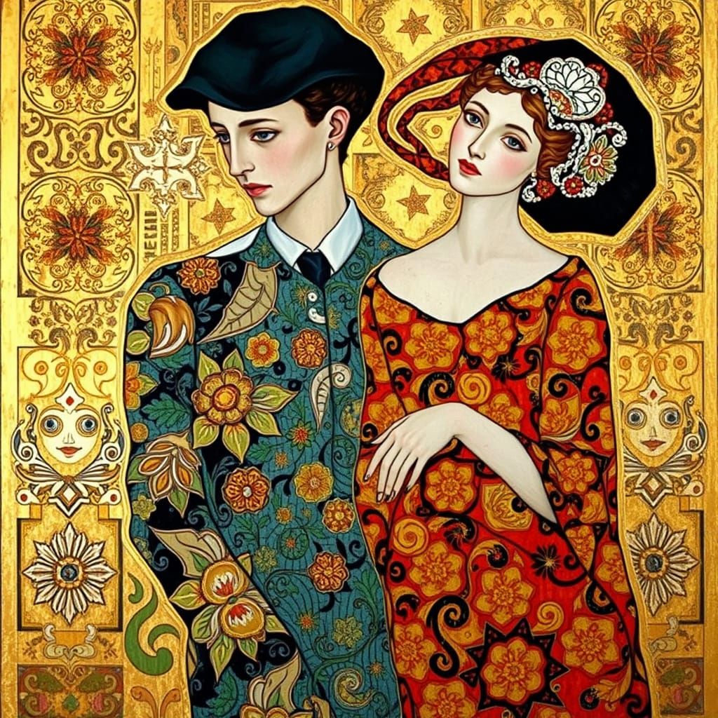 Klimt-Inspired Painting with Gold Leaf and Ornate Details