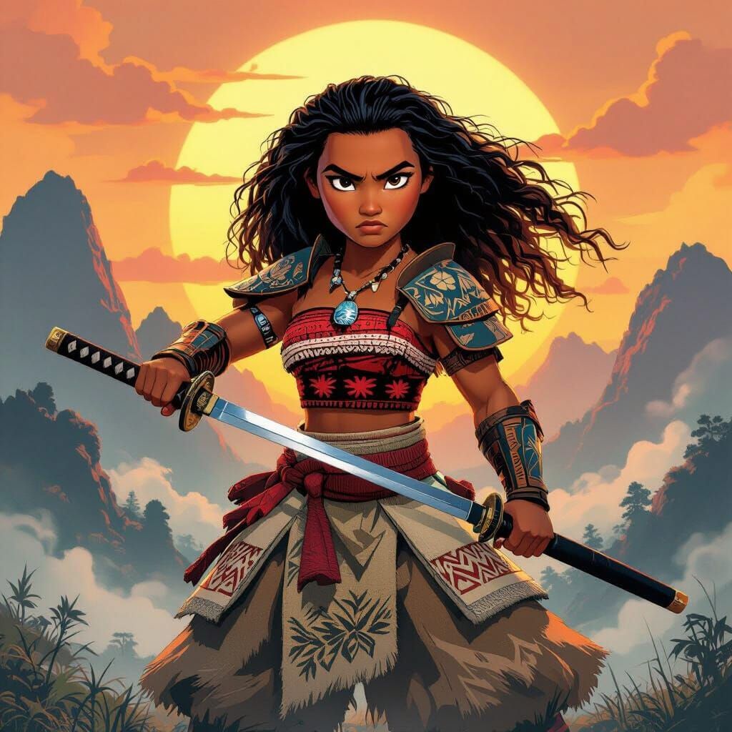 Moana Samurai Warrior in Ghibli Ink Painting Style