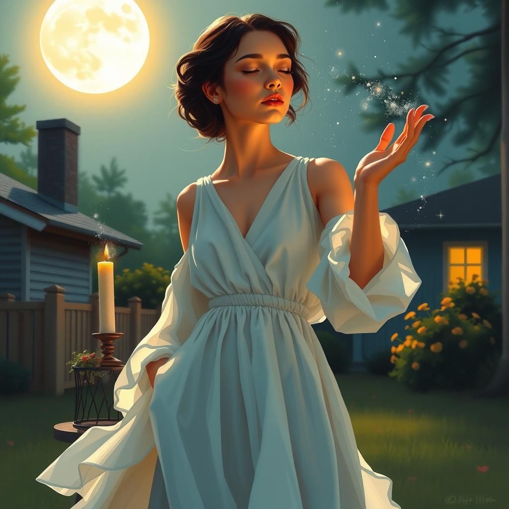 Mystical Woman Casting Spell Under Moonlight
