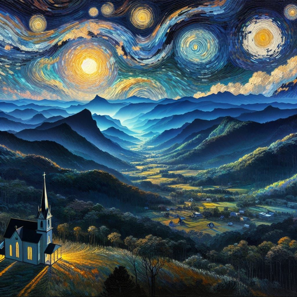 Blue Ridge Mountains Village Under Swirling Moonlit Sky