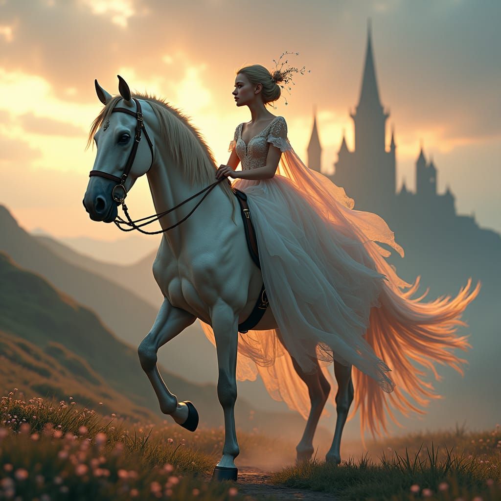 Mystical Girl Rides Ethereal Horse in Dreamy Landscape