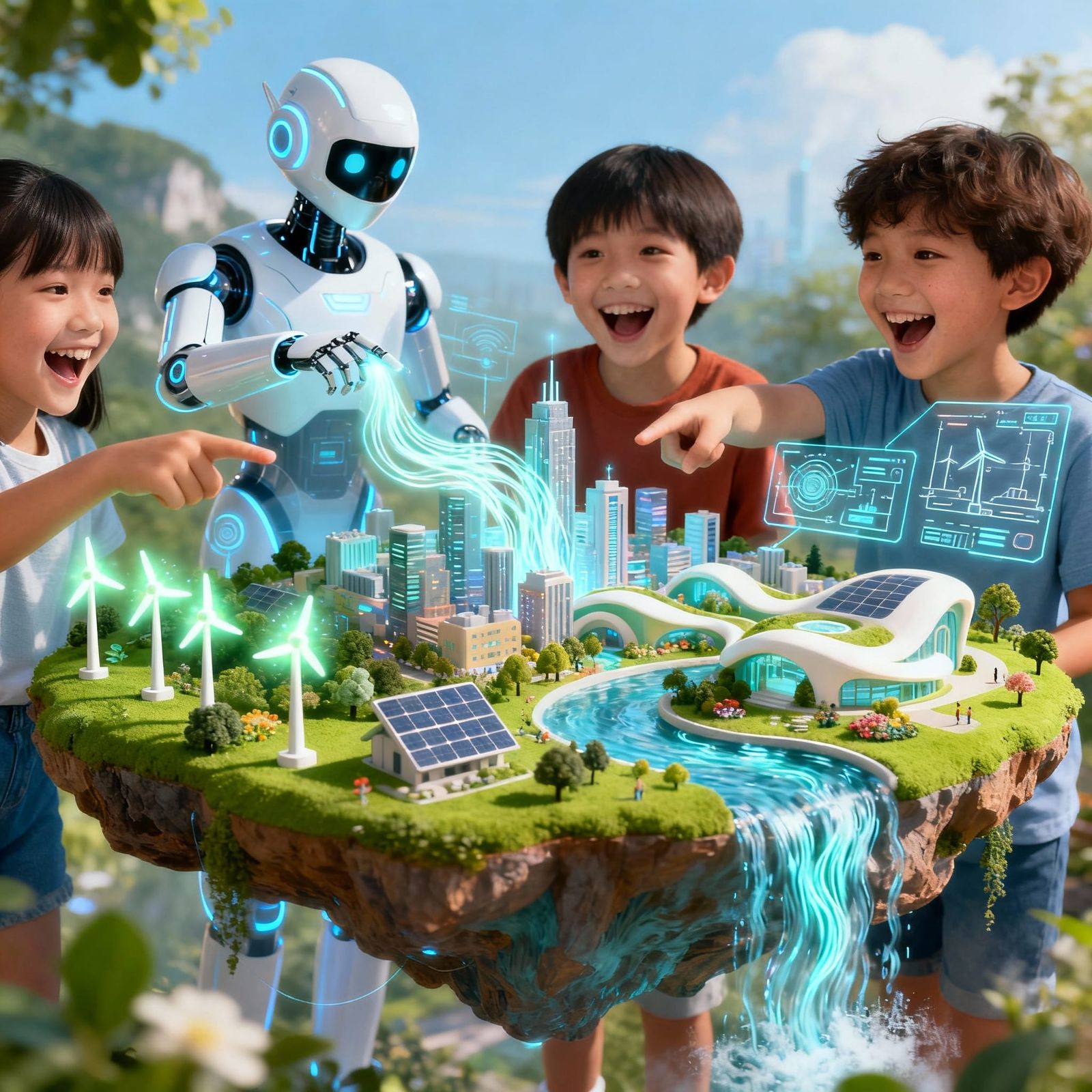 Children and AI Build a Living Floating City Model