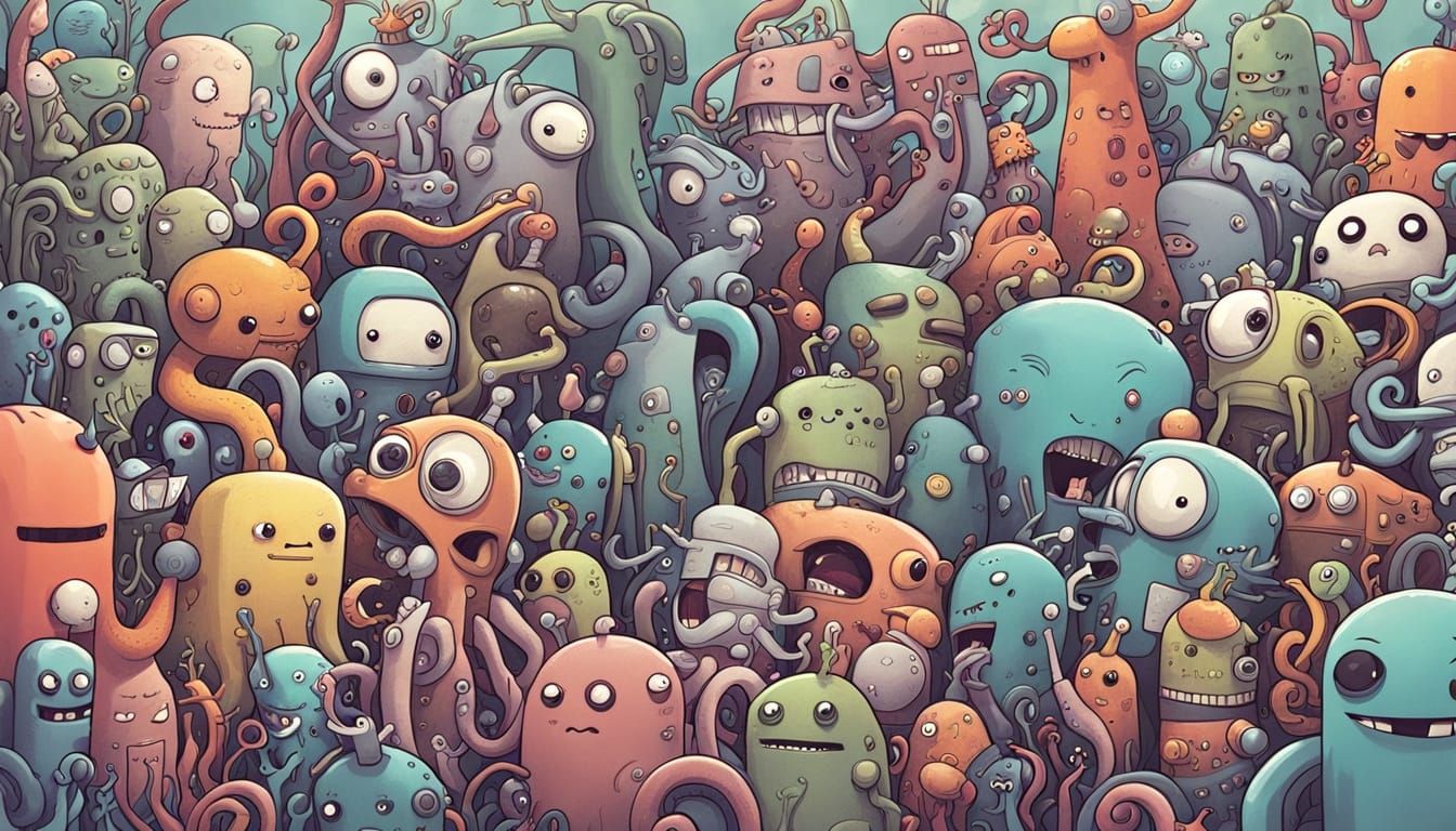 Tentacled Cartoon Character Collective in Muted Watercolor S...