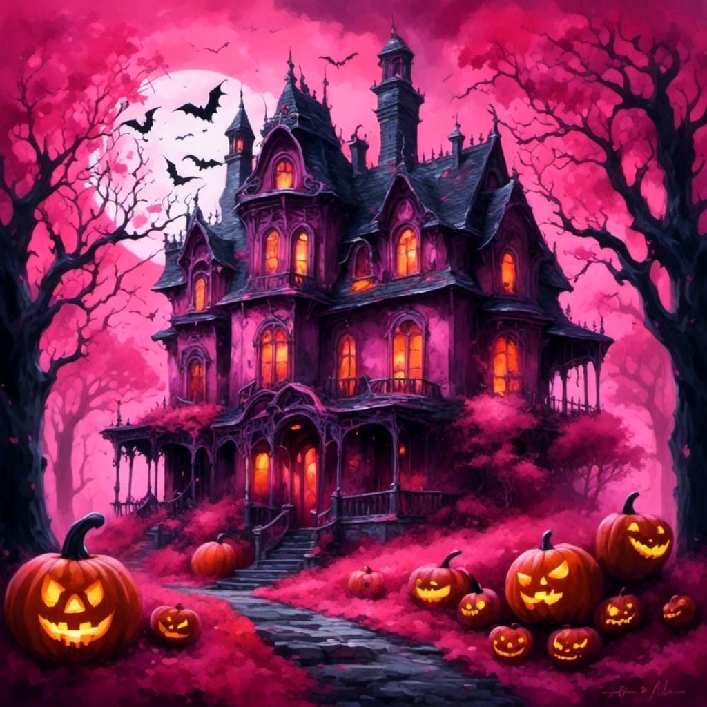 Pink Halloween Fantasy in Watercolor and Oil Style