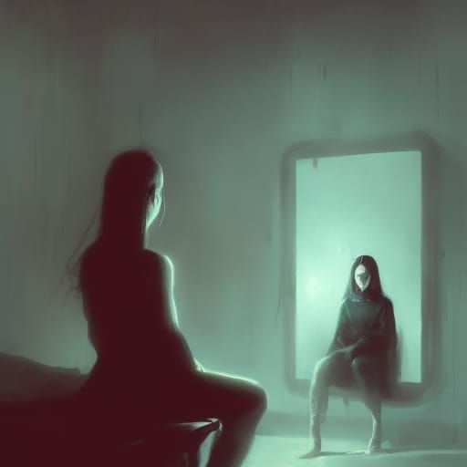 Sinister Reflection: Girl and Ominous Mirror Image