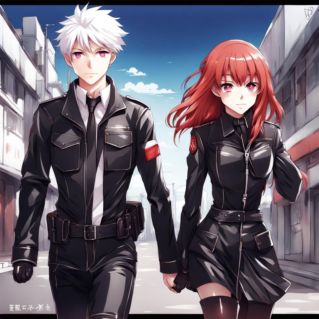 Anime Couple in Leather Uniforms: Key Visual Art