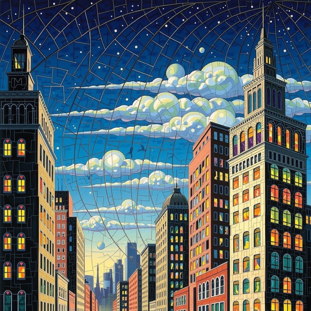 Expressionist Cityscape Mosaic at Twilight