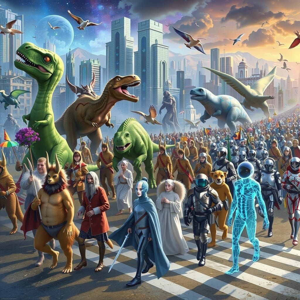 Surreal Parade of Time Travelers: Dinosaurs, Knights, Astron...