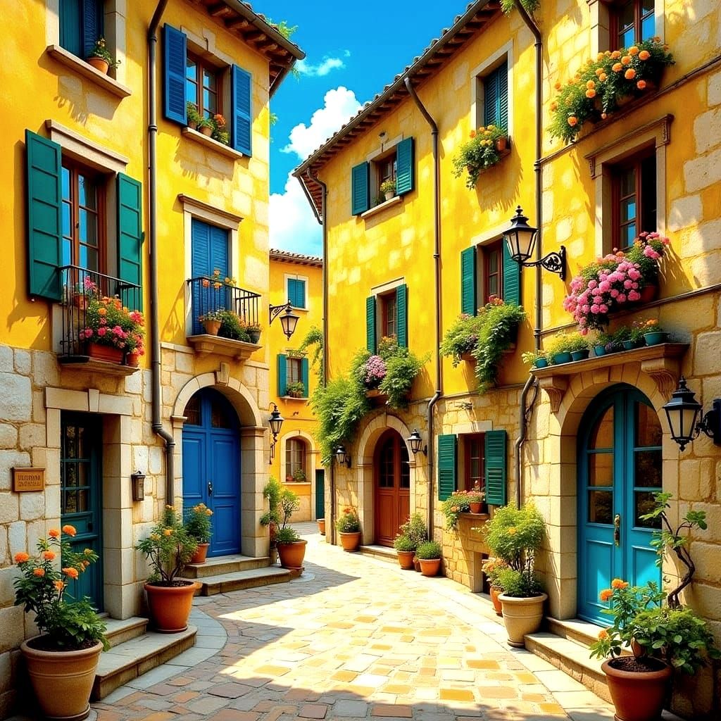Vibrant Mediterranean Street Scene in Impasto Style