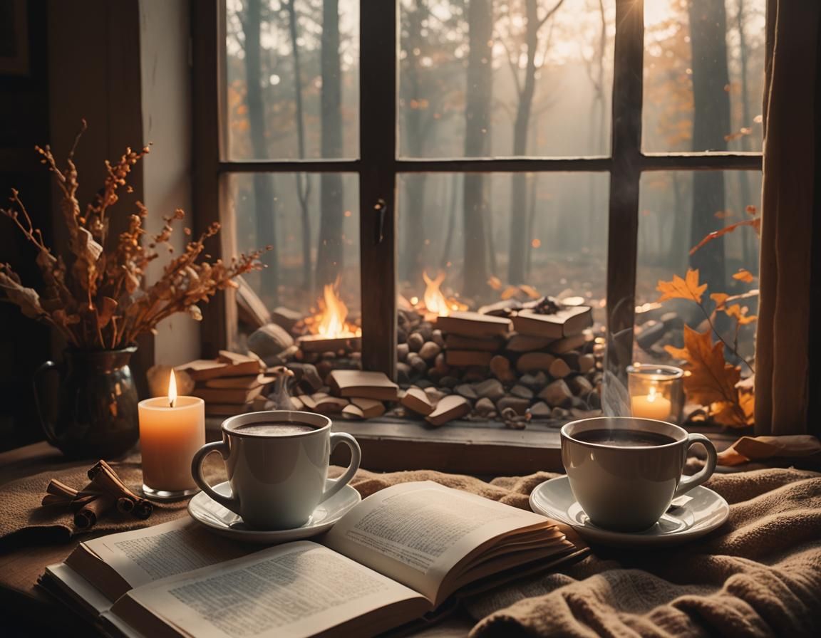 Cozy Autumnal Nook with Fire and Cocoa