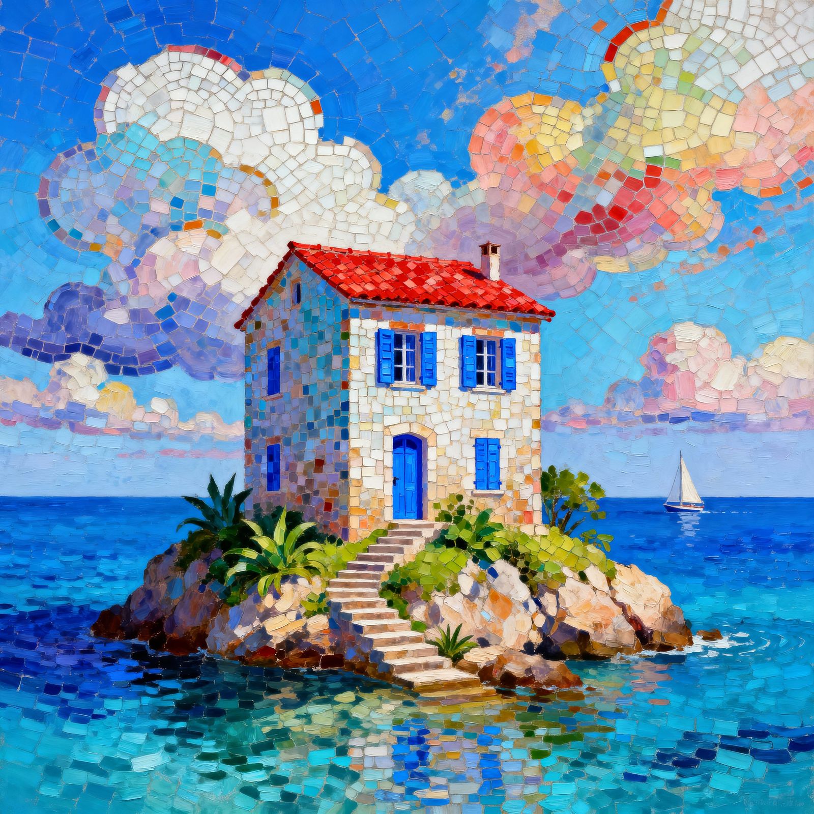 Colorful Island House Painting in Impressionist Mosaic Style