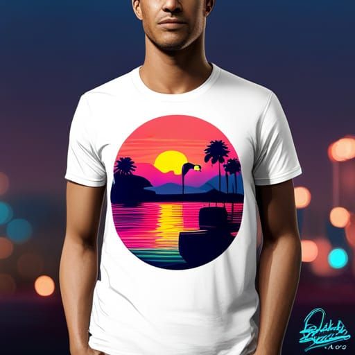 Flamingos at Sunset Cyberpunk T-Shirt Design
