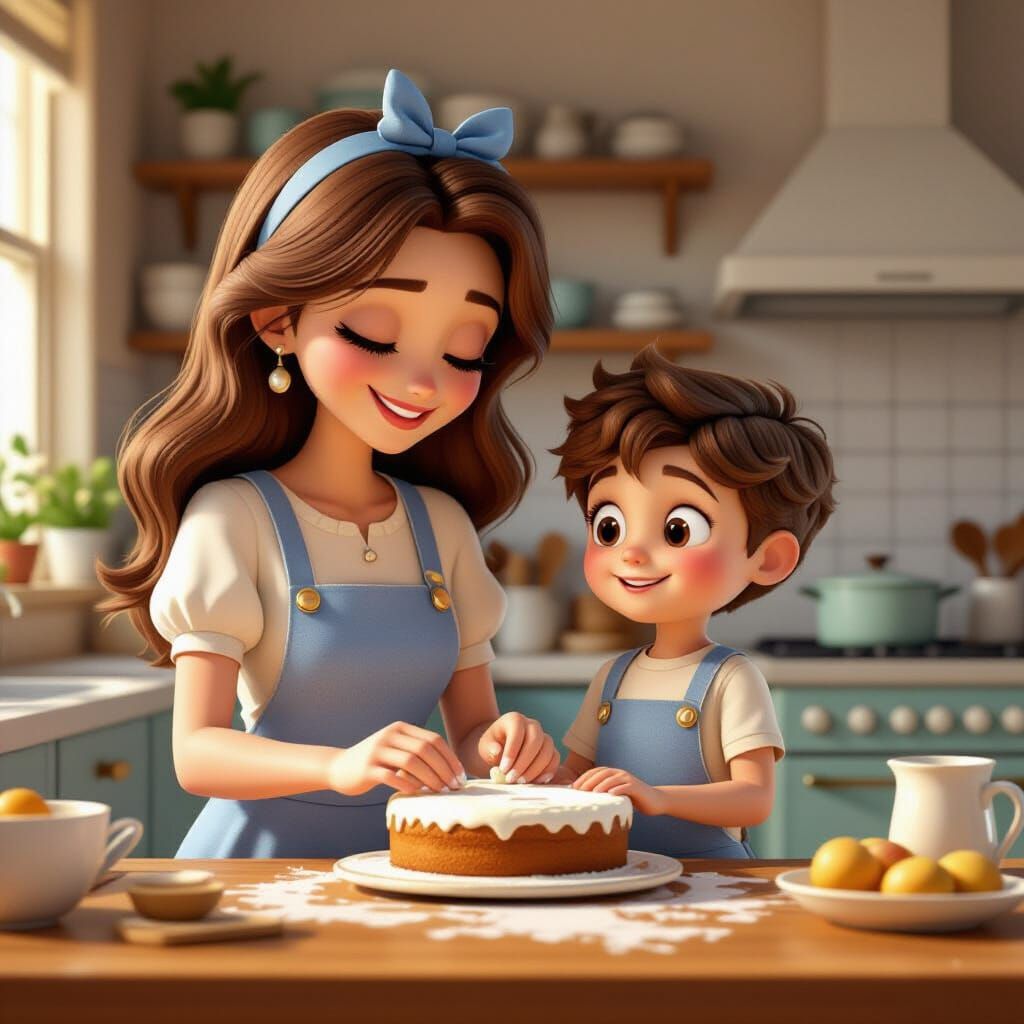Magical Girl Mary Baking Cake with Son in 3D Style