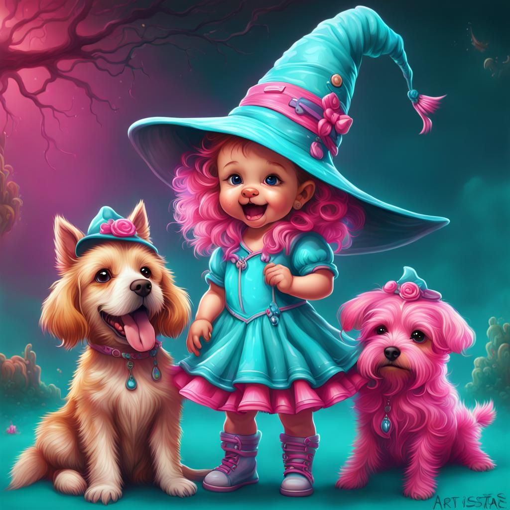 Adorable Baby Witch with Puppy, Digital Airbrush Art