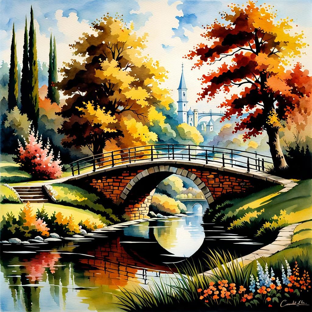 Picturesque Countryside Bridge in Watercolor Style