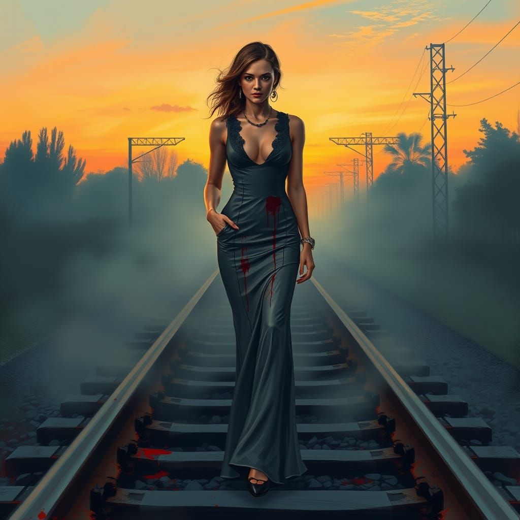 Elegant Woman on Railroad Tracks at Dusk