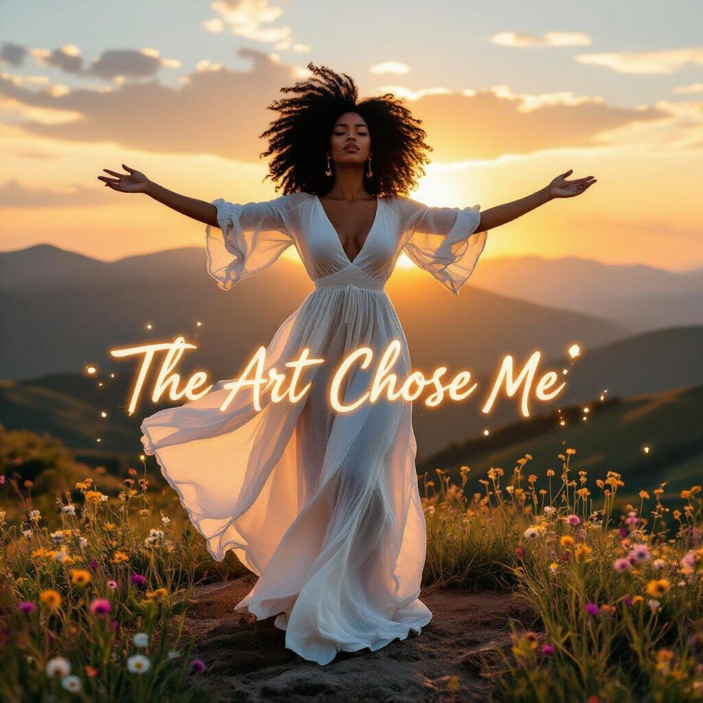 Black Woman Mountaintop Silhouette in Polychromatic Art Styl...