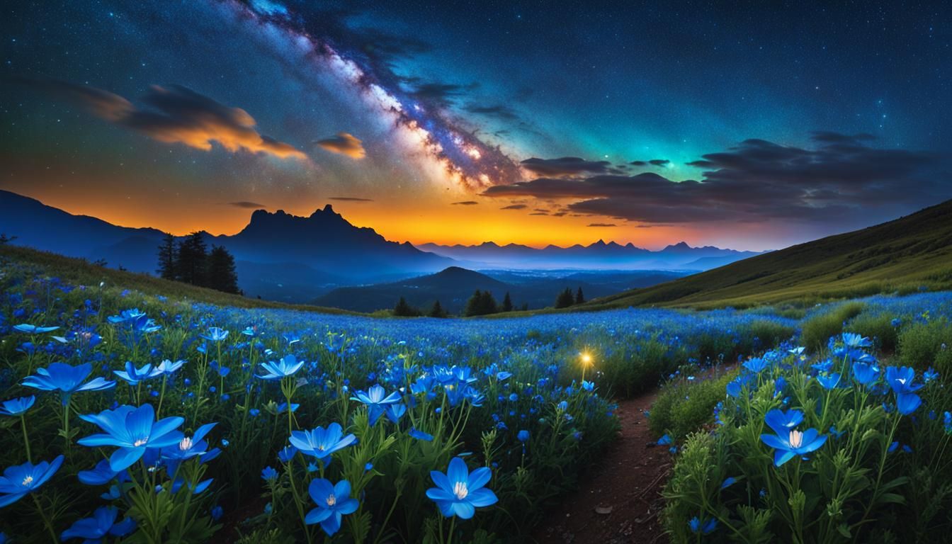 Bioluminescent Wildflower Field Under Cosmic Sky
