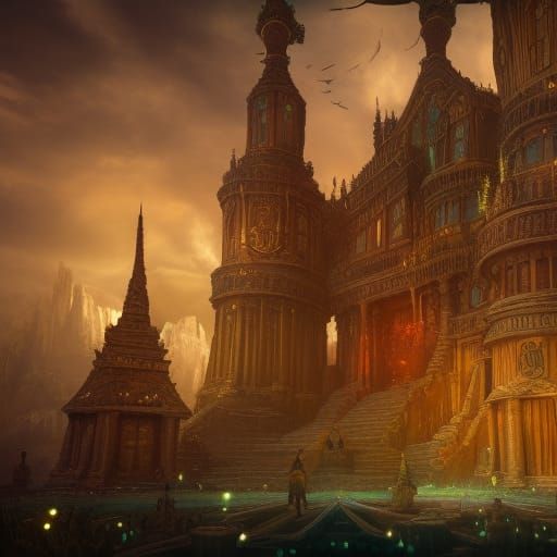 Steampunk Temple in Detailed Matte Painting Style